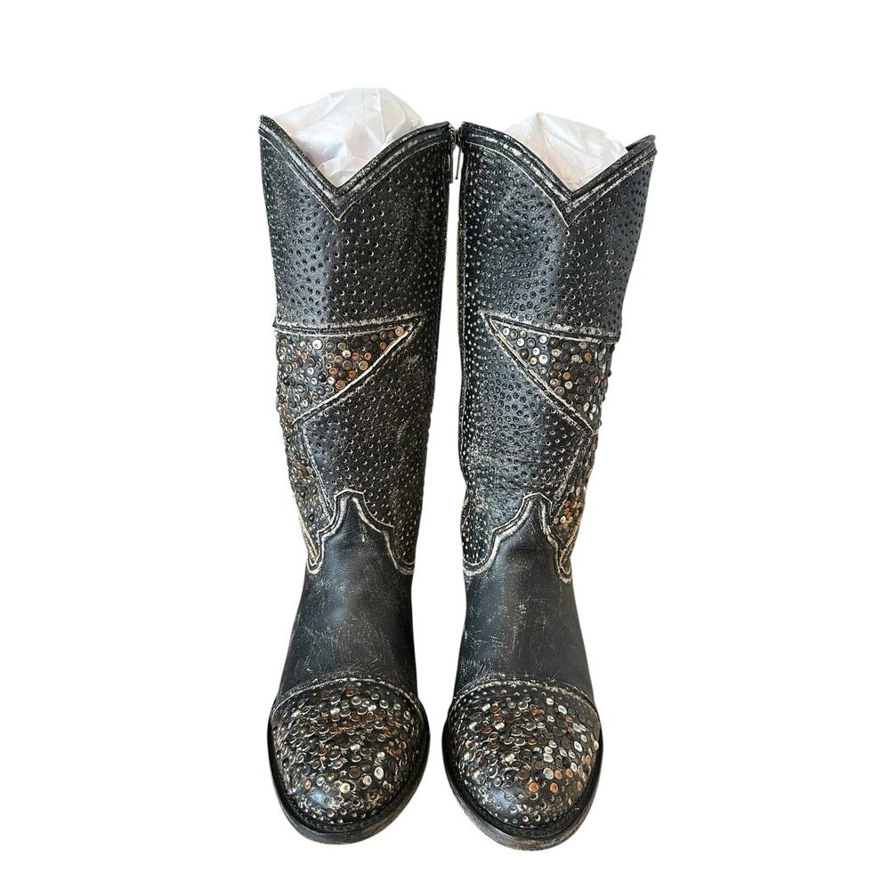 Frye Vintage Deborah Black Leather Studded Star Western Boots 7